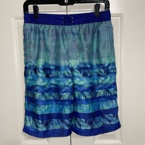 Boys Swim Trunks, Blue & Green Tropical Print, Youth Large
